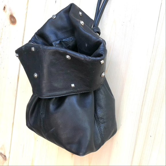 VINTAGE PUNK. GOTH. HOBO. HIDDEN ZIPPER BLACK LEATHER MOTO SHOULDER HANDBAG - Picture 3 of 6